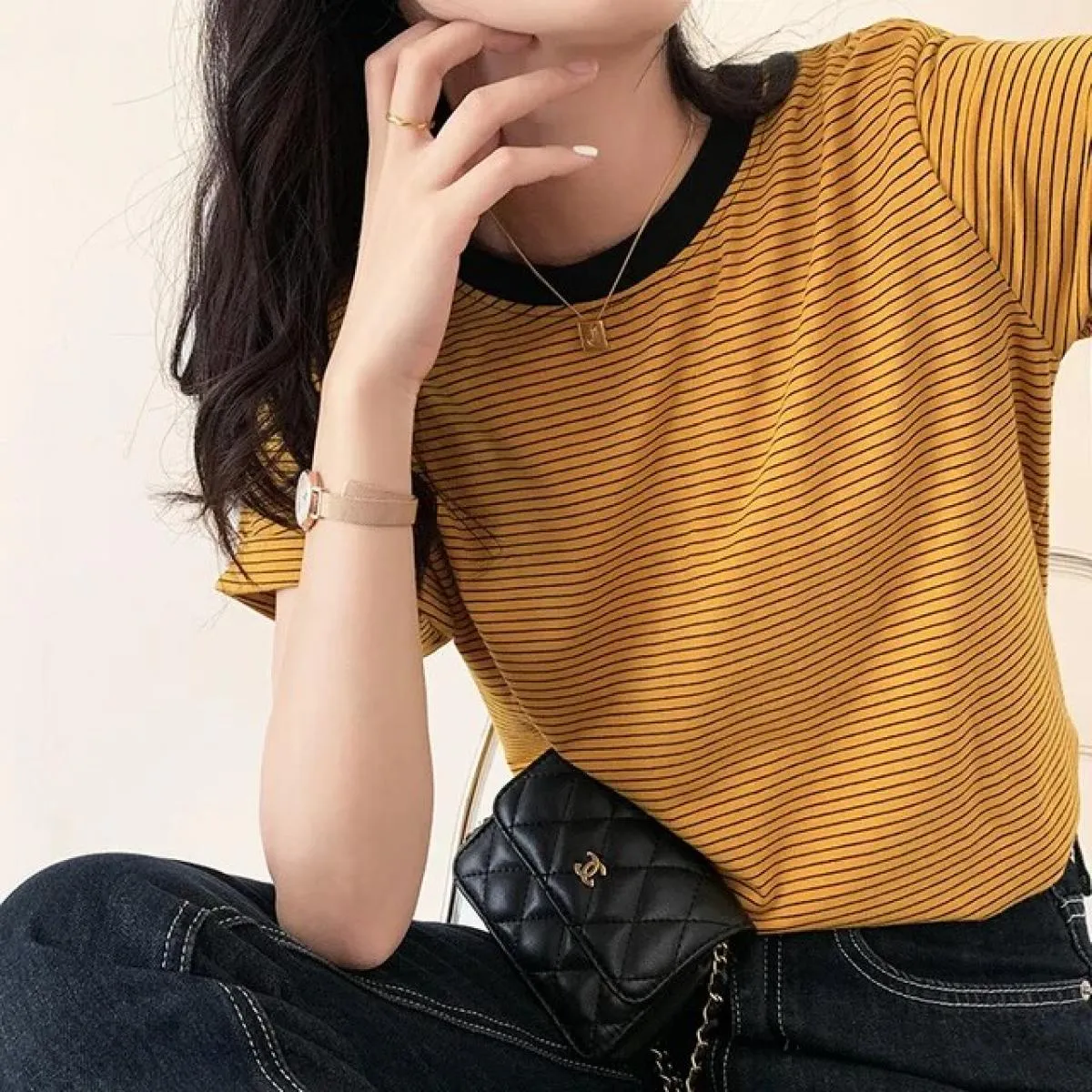 T-shirt a righe da donna estate allentata 2023 nuova maglietta da donna a mezza manica con toppe colorate a maniche corte