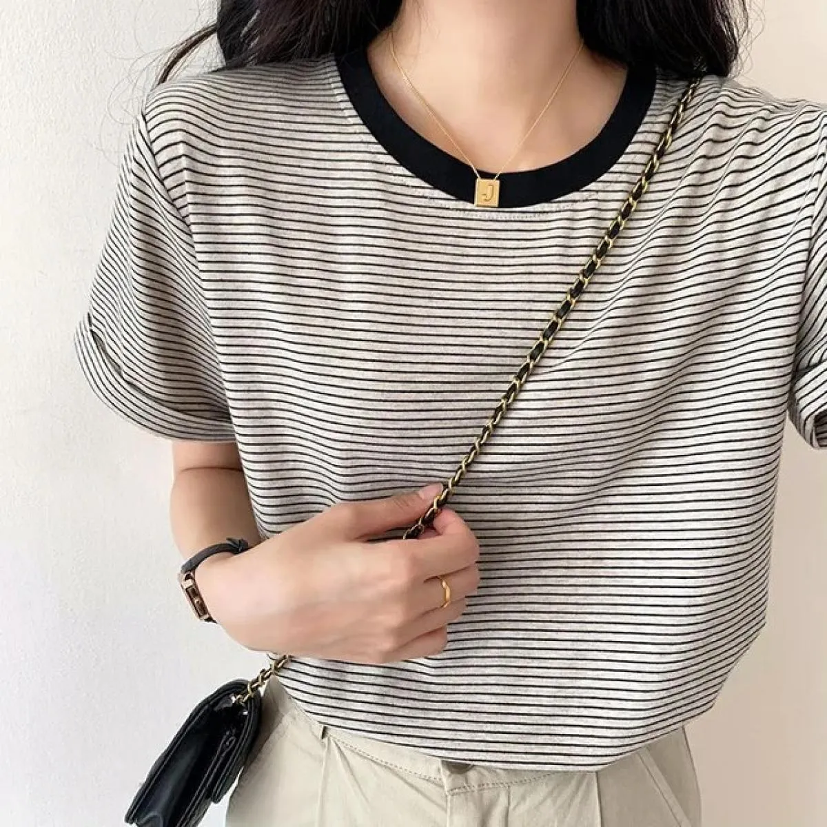 T-shirt a righe da donna estate allentata 2023 nuova maglietta da donna a mezza manica con toppe colorate a maniche corte