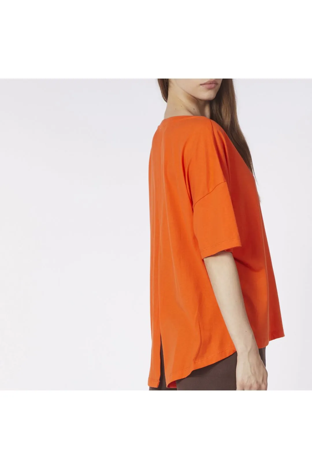 t-shirt ampia con spacco dietro in jersey di cotone e stampa arancio