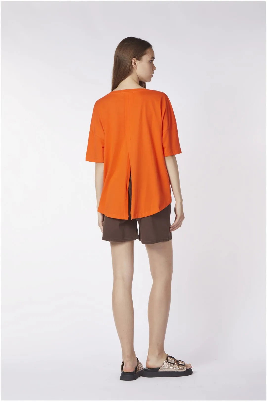 t-shirt ampia con spacco dietro in jersey di cotone e stampa arancio