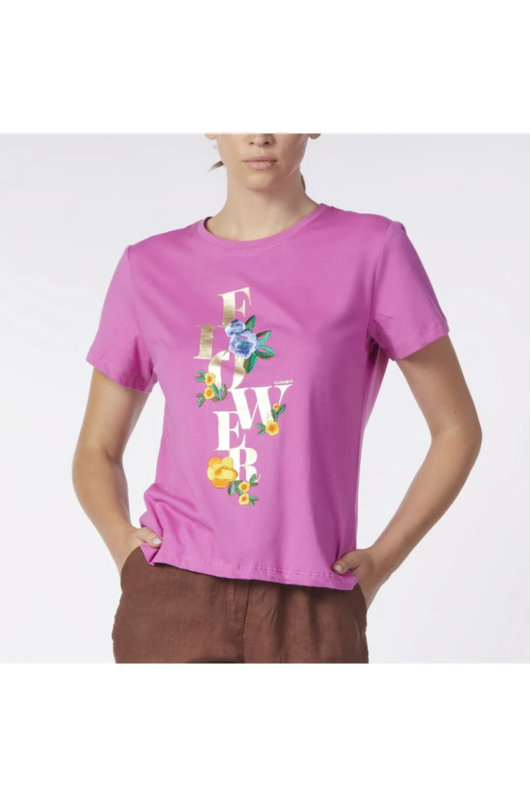 t-shirt in jersey di cotone con stampa e ricamo floreale ciclamino
