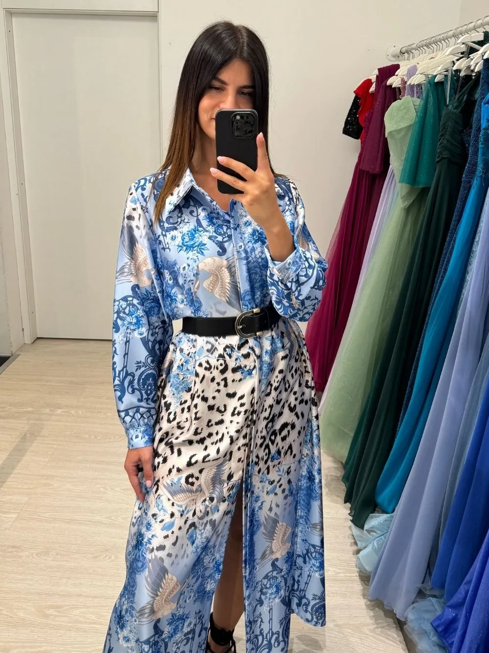 Vestito lungo camicia fantasia maculata e floreale