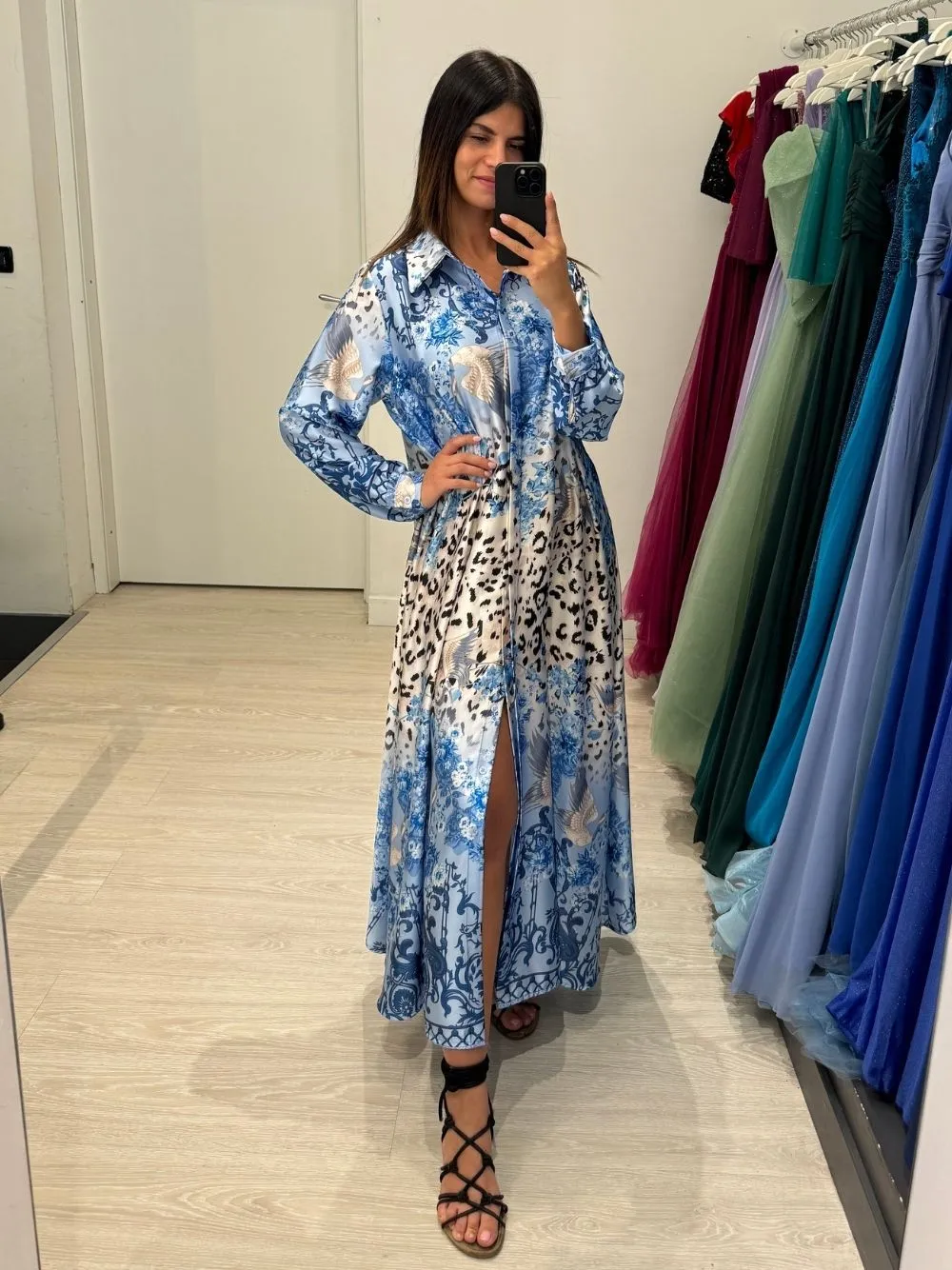 Vestito lungo camicia fantasia maculata e floreale