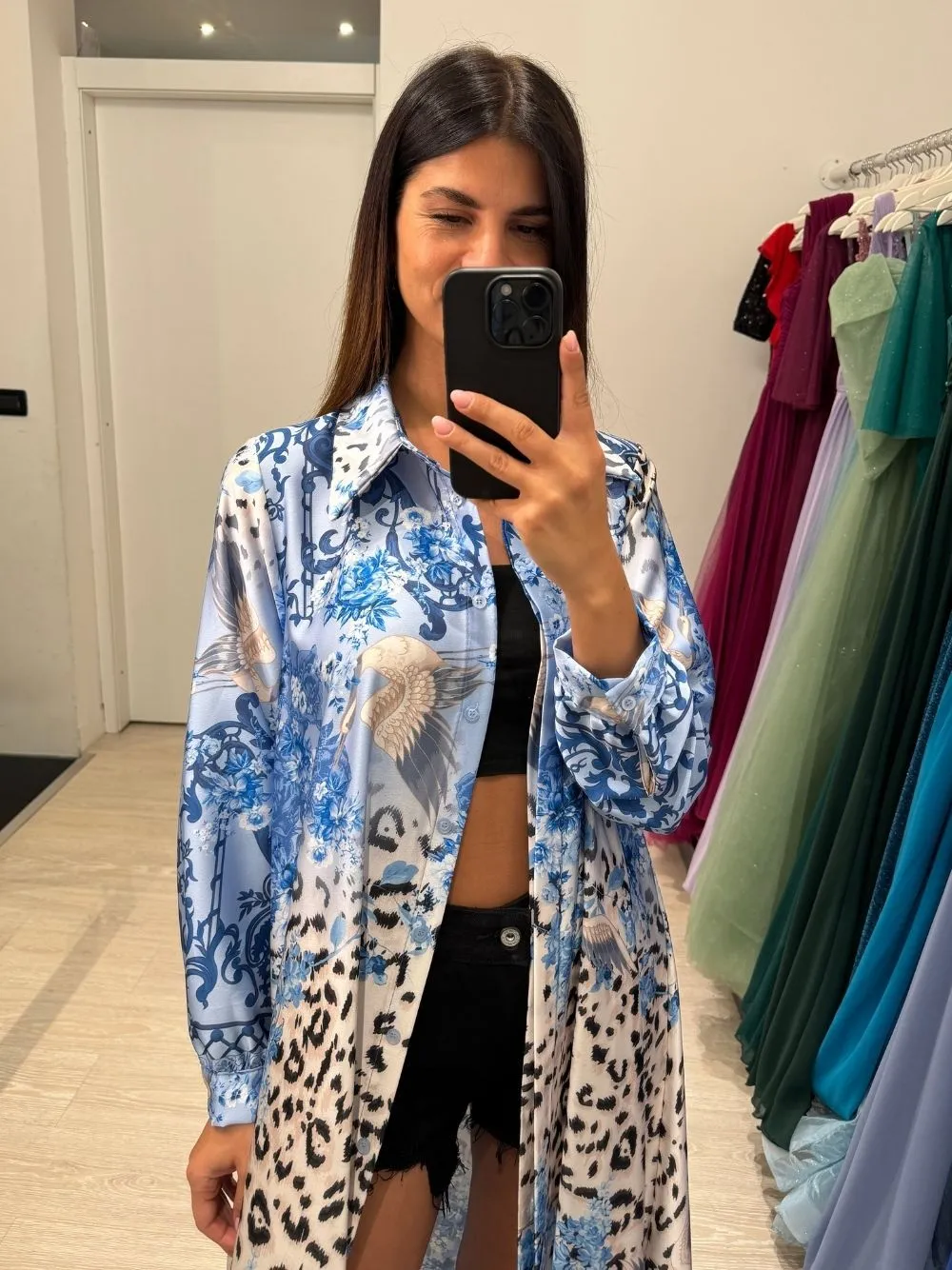 Vestito lungo camicia fantasia maculata e floreale