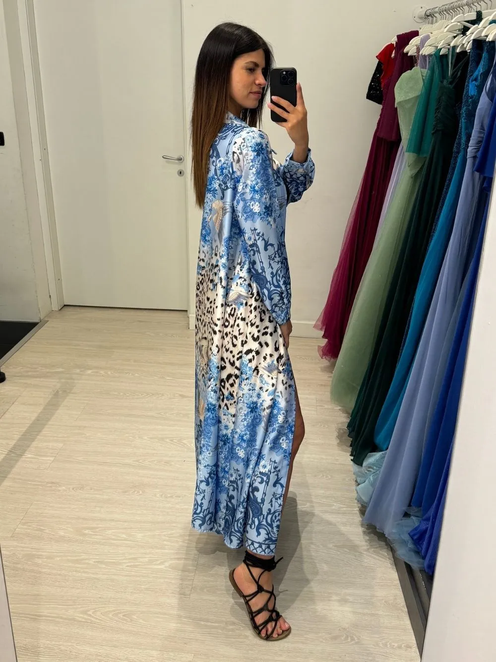 Vestito lungo camicia fantasia maculata e floreale