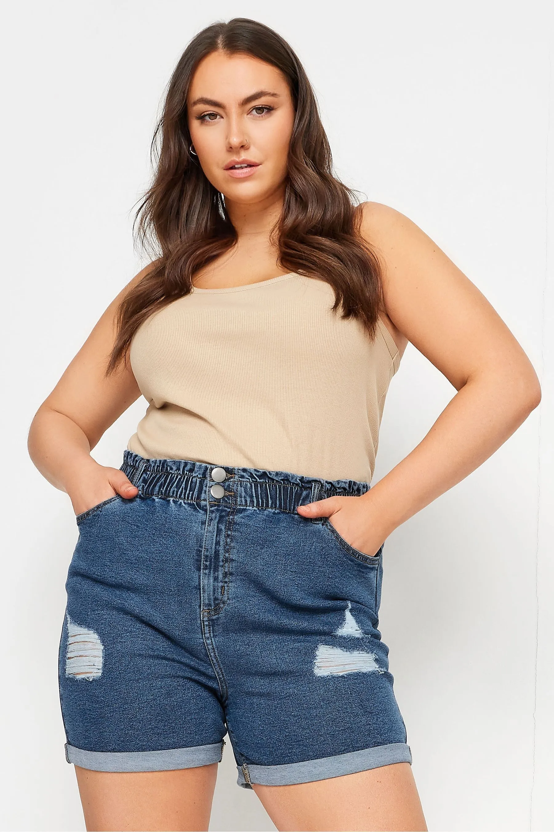 Yours Curve YOURS Curve - Blu lavaggio medio - Shorts in denim strappati