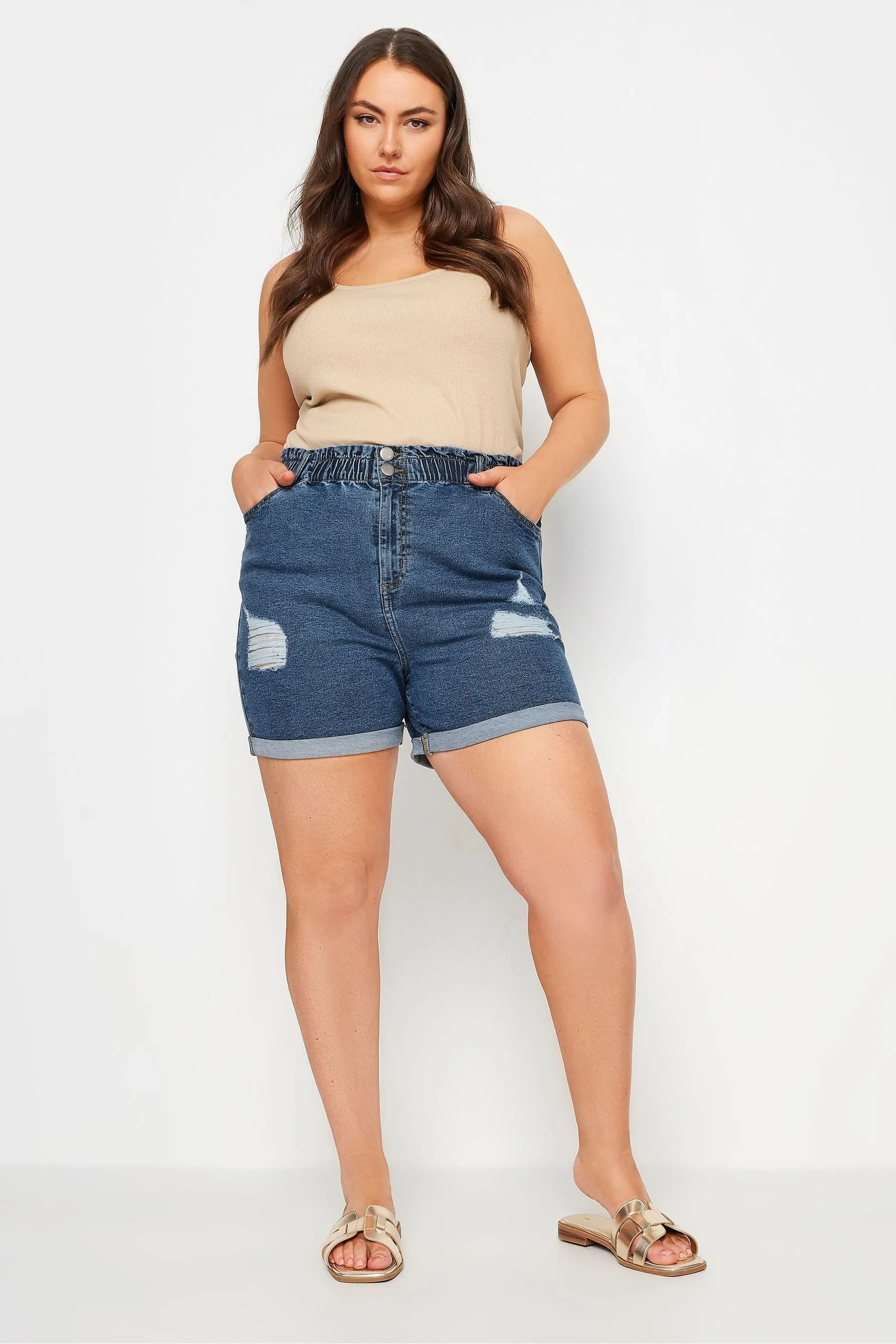Yours Curve YOURS Curve - Blu lavaggio medio - Shorts in denim strappati