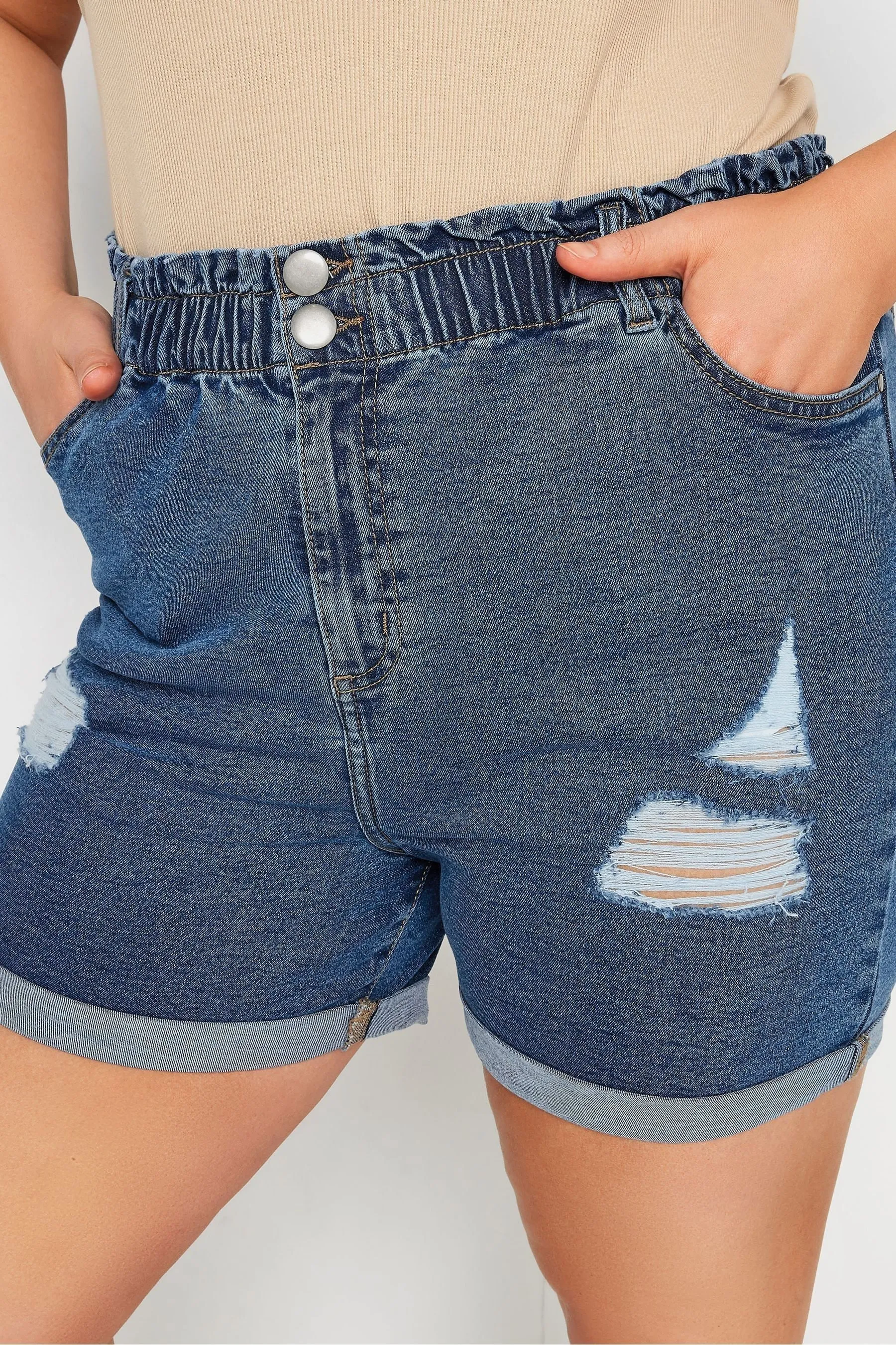 Yours Curve YOURS Curve - Blu lavaggio medio - Shorts in denim strappati