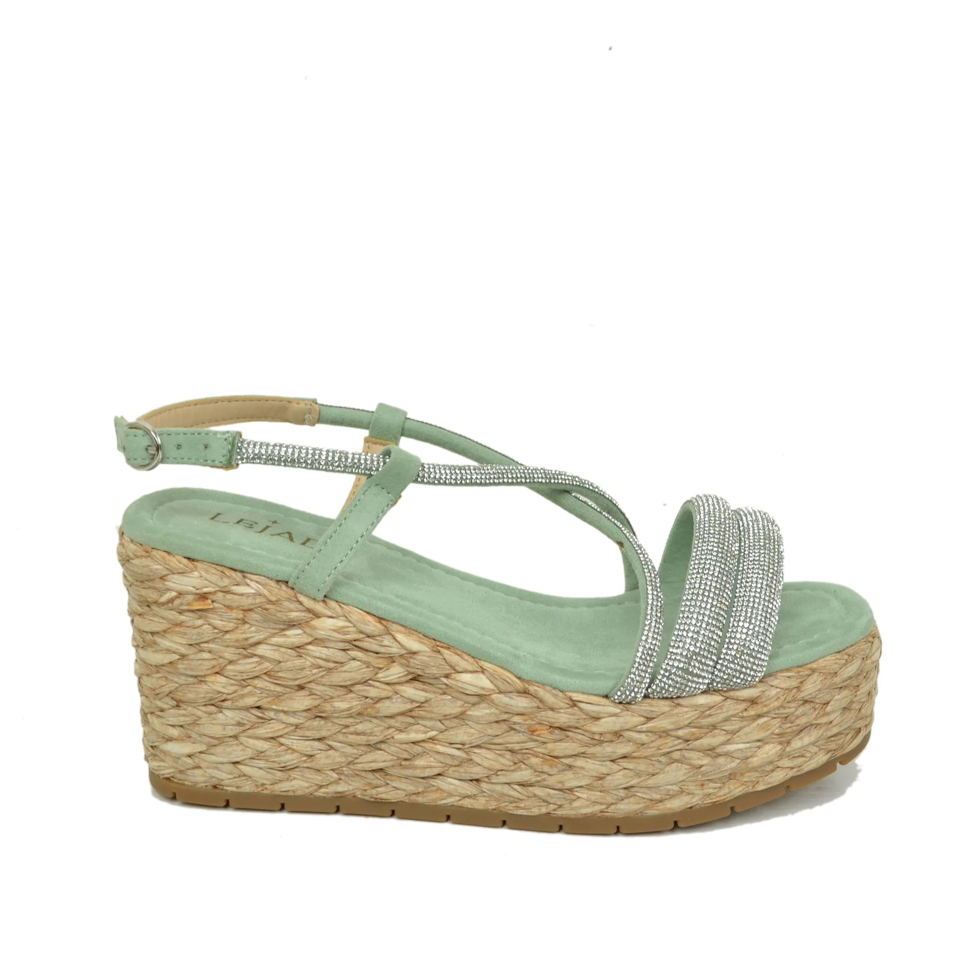 Zeppe Sandali Donna con Strass e Zeppa in Rafia Intrecciata Verde Acqua