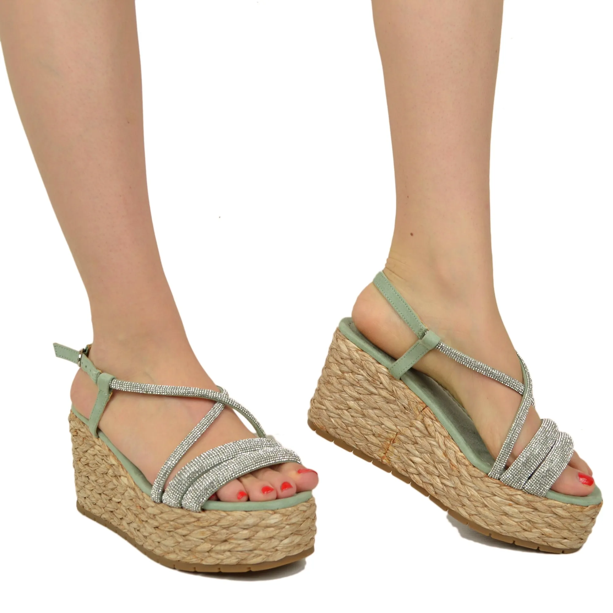 Zeppe Sandali Donna con Strass e Zeppa in Rafia Intrecciata Verde Acqua